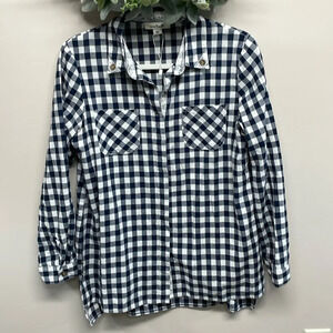 NWOT Simply Noelle Gingham Button Down Long Sleeve Top Navy White Lace S/M(8-10)